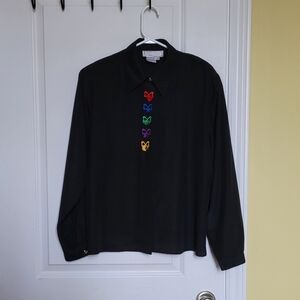Simon Chang blouse vintage 1980s sheer black shirt embroidered bows preppy top